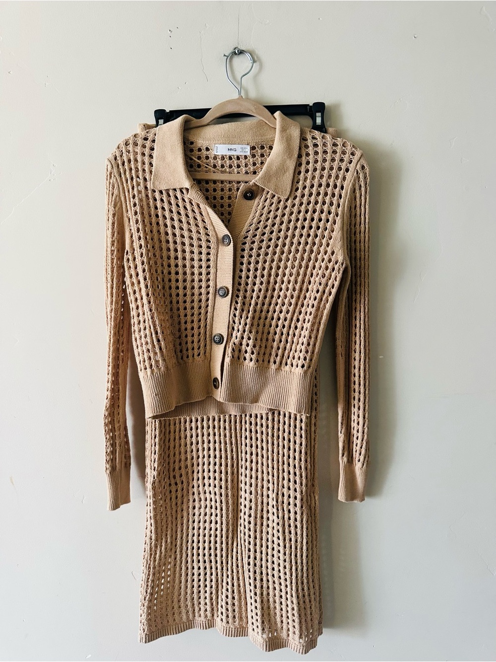 Mango Tan Open-Knit Button Cardigan and Skirt Set